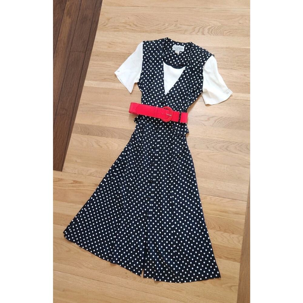 Vtg PinUp Rockabilly Swing Dress BlackWhite Polka Dot Red Belt Costume Theater 8